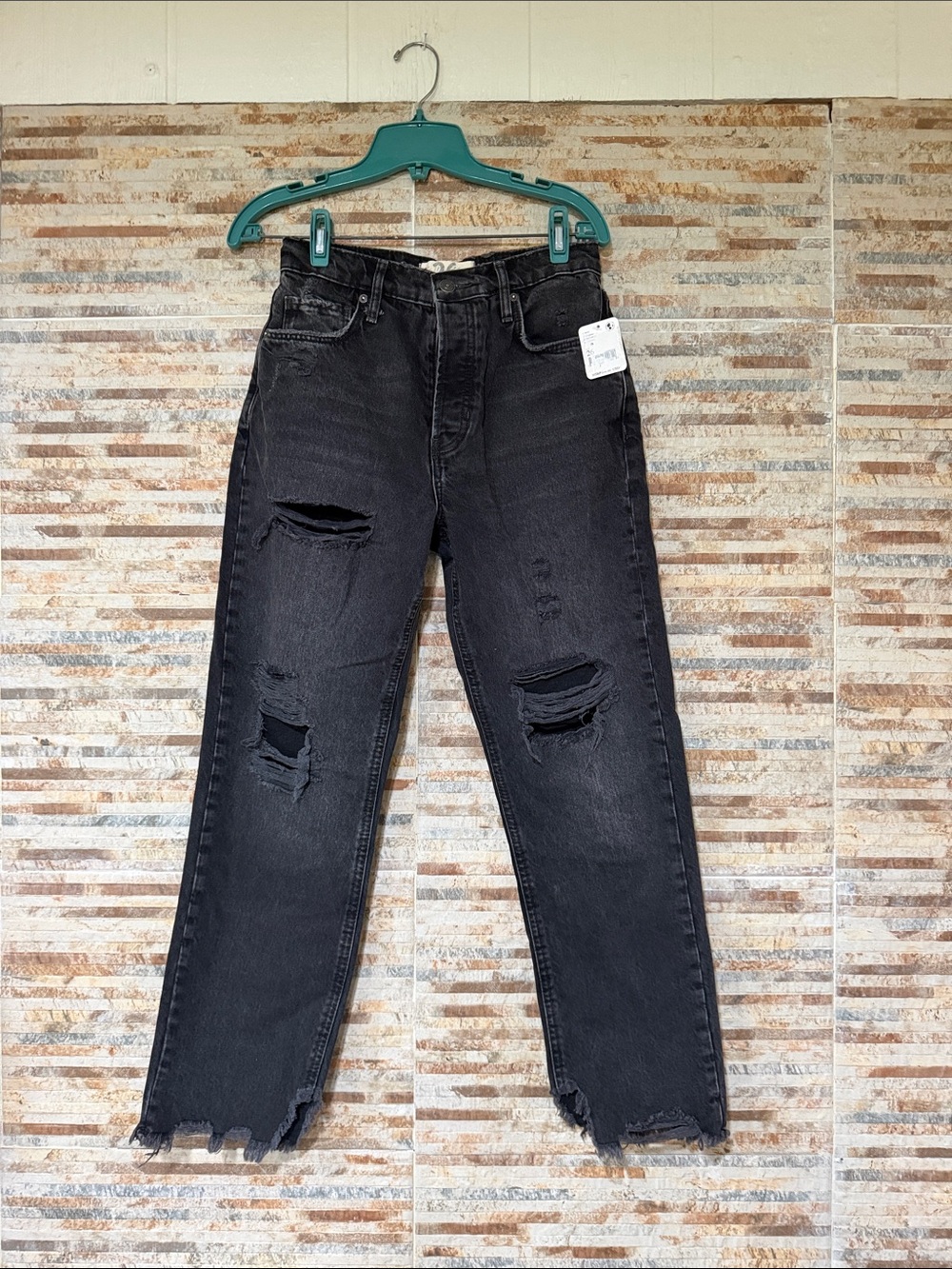 Free People Washed Black Ripped Straight Leg Jeans